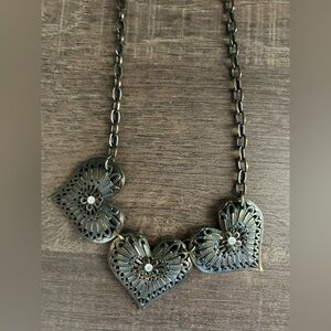 Antique Gold Heart Filigree Statement Necklace Jewelry Three Hearts Rhinestones